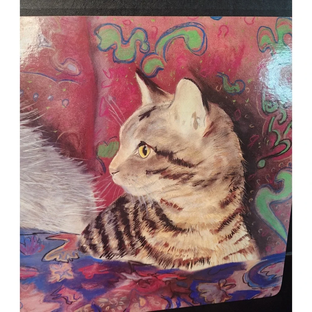 Vtg Cat Cork Backed Mat/Art White Persian & Tabby 17x11.5 Kitchy/Frame as Pic.